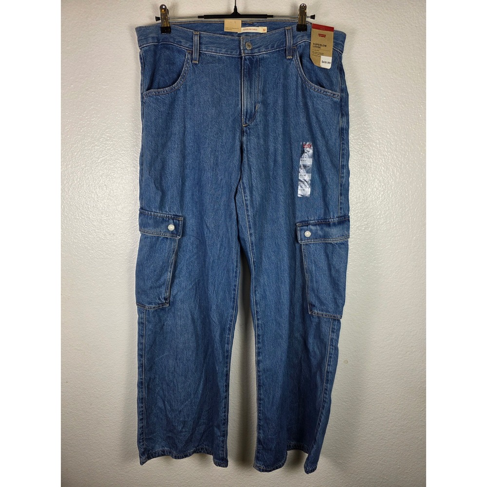 Levis Superlow Loose Cargo Jeans Womens 32x32 Blue Denim Low Rise Straight Leg